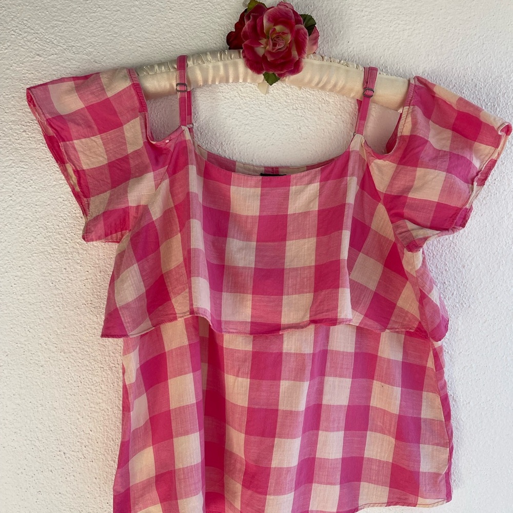 Bobeau Pink and White Gingham Blouse with Ruffle Sleeves